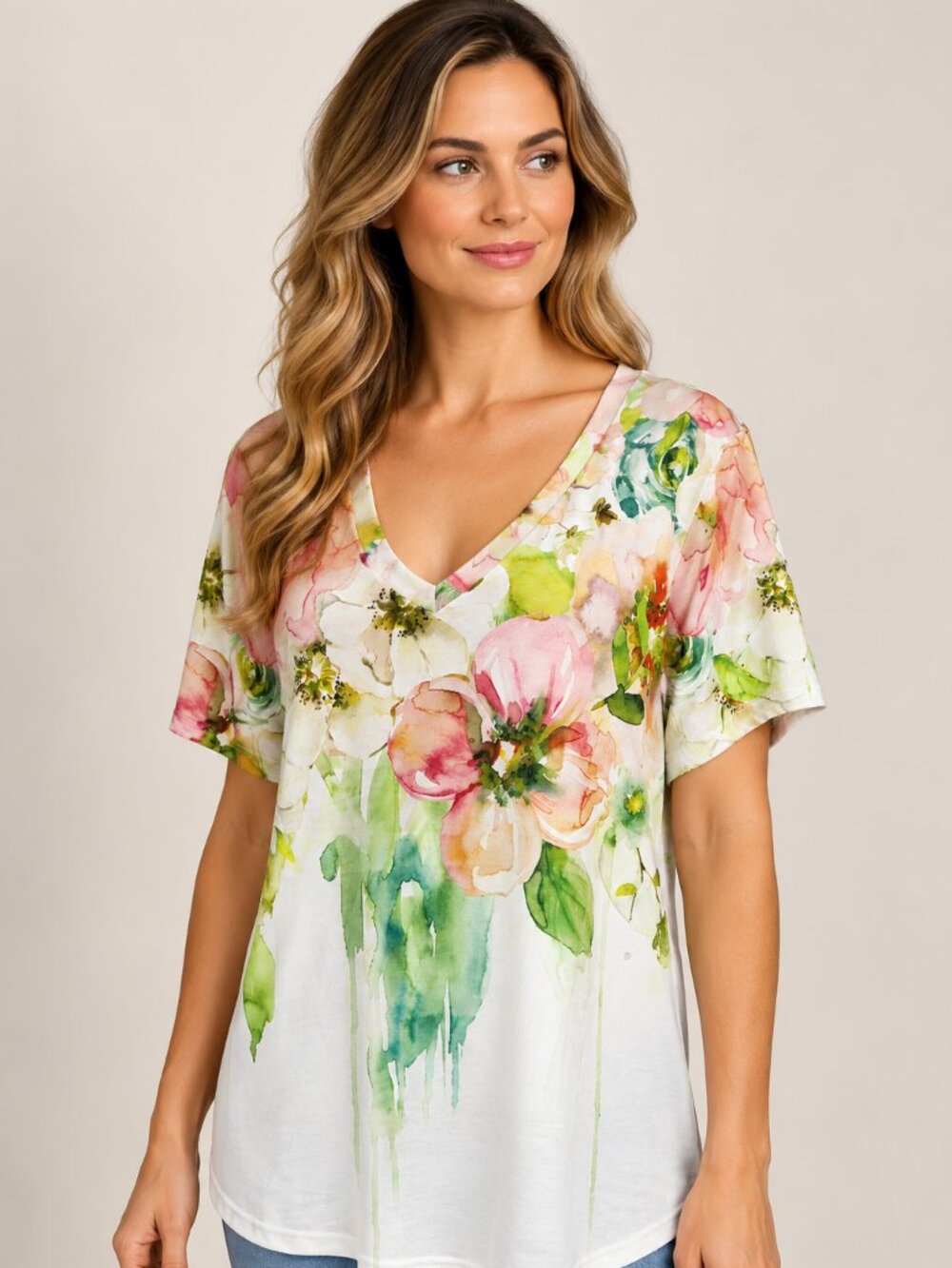 New Shall We XL Watercolor Floral Boho Cottagecore V Neck Tunic Top NWT